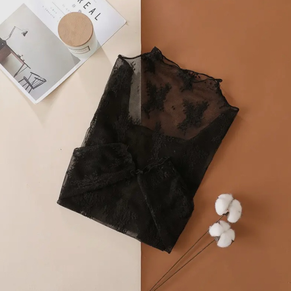 Black Semi Sheer Mesh Floral Lace Layering Top